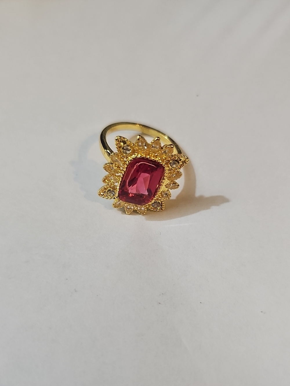 Gold-Plate Ring with Deep Pink Cushion Center Stone